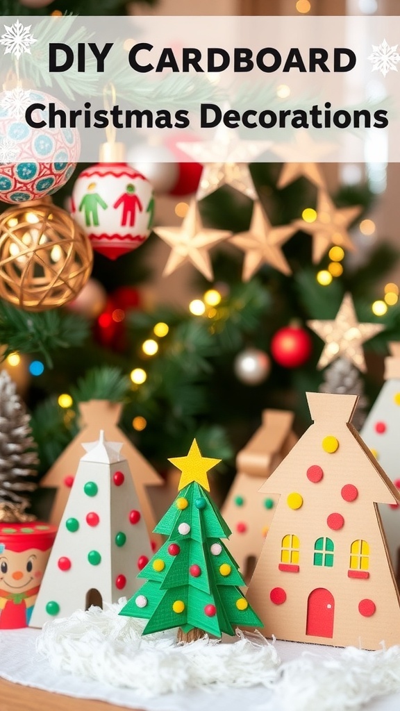 A variety of DIY cardboard Christmas decorations including ornaments and garlands displayed in a festive setting.